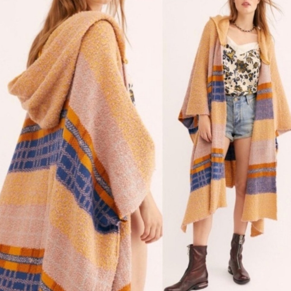 Free People Mercer Open Front Kimono Cardigan Women's OS Gray Tan Boho Alpaca - Picture 2 of 9